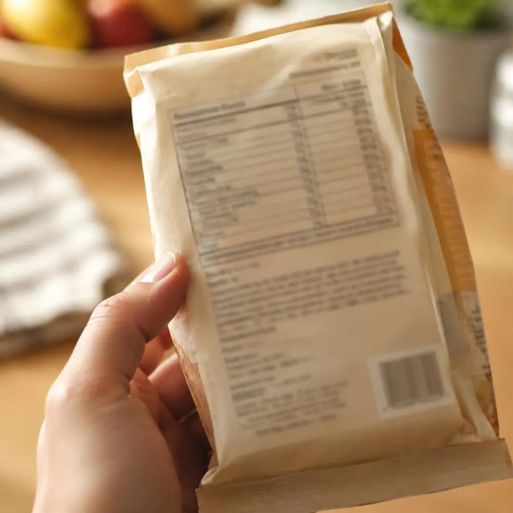 Hand dreht eine Verpackung, um die Nährwerttabelle zu lesen (KI-generiert)