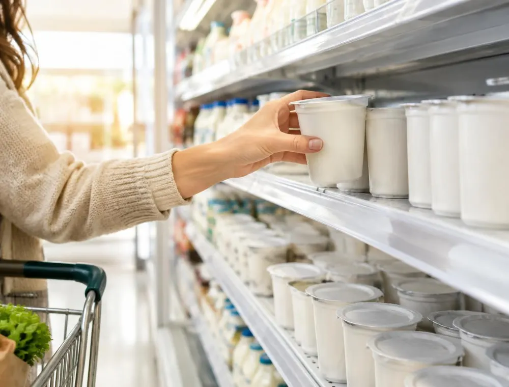 Hand nimmt einen Joghurt aus dem Kühlregal eines Supermarkts (KI-generiert)
