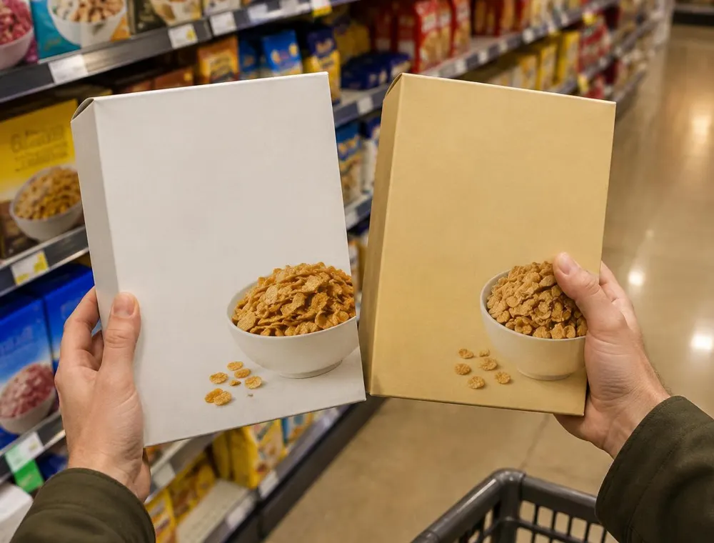 Zwei Müslipackungen werden im Supermarkt verglichen (KI-generiert)
