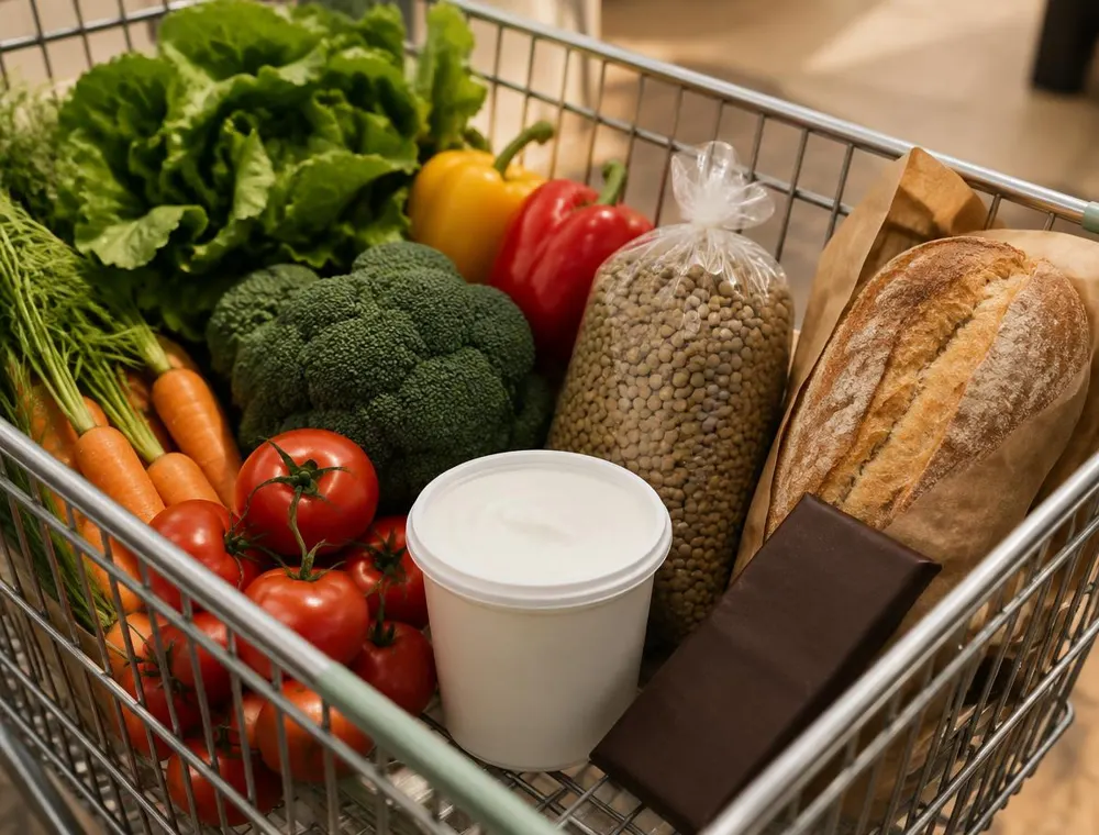 Einkaufswagen mit Gemüse, Linsen, Quark, Brot und Schokolade (KI-generiert)